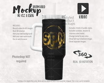 Maqueta de video animada de vaso de 40 oz para grabado láser / Maqueta de vaso giratorio de 40 oz / Agregue su propia imagen y fondo