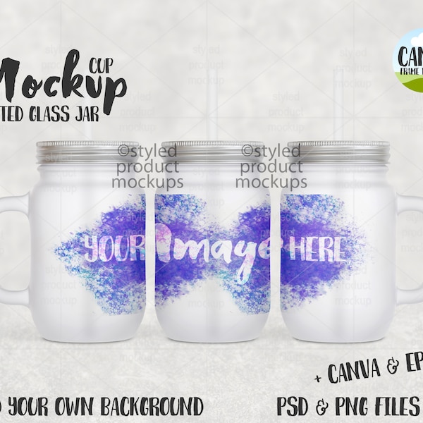 Dye sublimation frosted glass jar with handle Mockup | Add your own image and background | Canva frame mockup