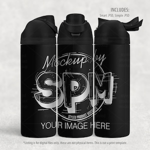 May include: Three black water bottles with various lid designs. The bottles have a matte finish and feature the text "Mockup by SPM" in white, along with "YOUR IMAGE HERE". The image includes the text "INCLUDES: Smart .PSD, Simple .PSD".
