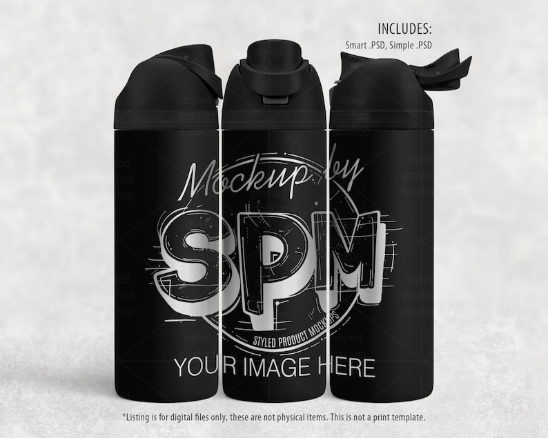 May include: Three black water bottles with various lid designs. The bottles have a matte finish and feature the text "Mockup by SPM" in white, along with "YOUR IMAGE HERE". The image includes the text "INCLUDES: Smart .PSD, Simple .PSD".