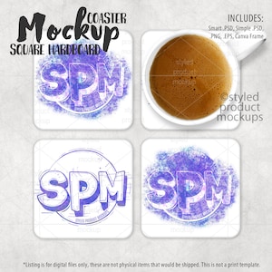May include: Mockup of a square, white, cardboard coaster with a purple watercolour design and the text "SPM" in a circle. The coaster is shown with a cup of coffee on top of it.