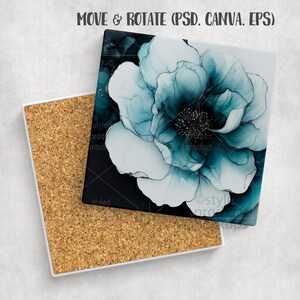 Puede incluir: Posavasos cuadrado de cer&aacute;mica con un dise&ntilde;o floral en color turquesa y blanco. Se combina con un posavasos con respaldo de corcho. El texto "MOVE & ROTATE (PSD, CANVA, EPS)" es visible.
