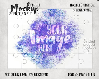 May include: A 24-piece jigsaw puzzle mockup with a watercolor background in shades of purple and blue. The puzzle pieces are white with black outlines. The text "YOUR IMAGE HERE" is written in a white font on the puzzle.