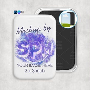 May include: White rectangular product mockup with rounded corners, featuring the text "Mockup by SPM" and "YOUR IMAGE HERE". The product measures 2 x 3 inches. A second mockup is visible in the background.