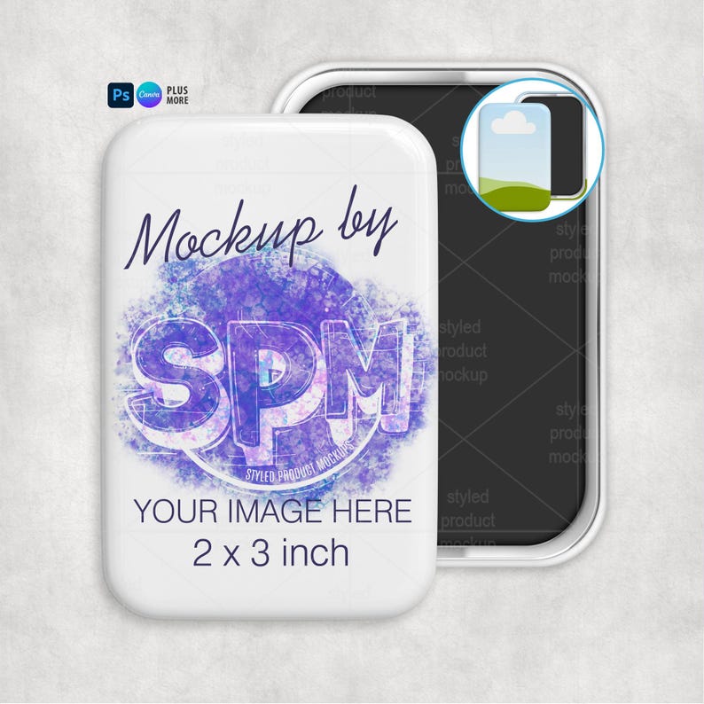May include: White rectangular product mockup with rounded corners, featuring the text "Mockup by SPM" and "YOUR IMAGE HERE". The product measures 2 x 3 inches. A second mockup is visible in the background.