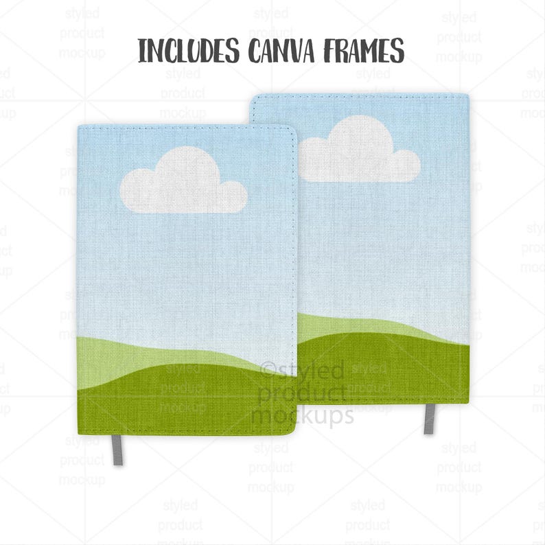 May include: Two notebooks with a landscape design. The covers feature a blue sky with a white cloud and green rolling hills. The text "INCLUDES CANVA FRAMES" is at the top. Each notebook has a gray ribbon bookmark.