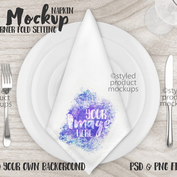 Dye sublimation folded napkin on place setting Mockup | Add your own image and background