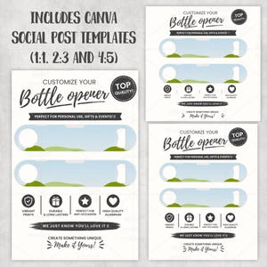 May include: A set of Canva social post templates for bottle openers. The design features a customizable bottle opener with a blue and green design, and the text "Customize Your Bottle Opener". Includes the text "Perfect for personal use, gifts & events!"