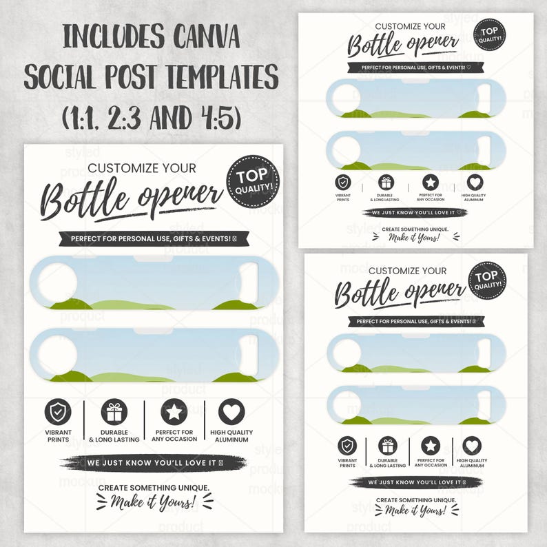 May include: A set of Canva social post templates for bottle openers. The design features a customizable bottle opener with a blue and green design, and the text "Customize Your Bottle Opener". Includes the text "Perfect for personal use, gifts & events!"