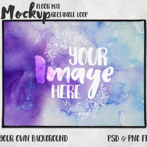 May include: Mockup of a rectangle floor mat with a watercolor background in shades of purple and blue. The text "YOUR Image HERE" is written in white with a floral design around it.