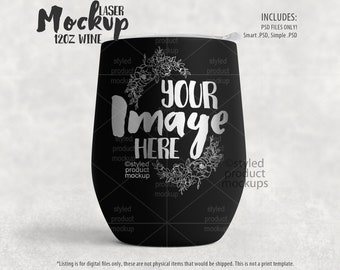 Dye sublimation 12 oz stemless wine tumbler with engraved effect mockup template | Add your own image and background