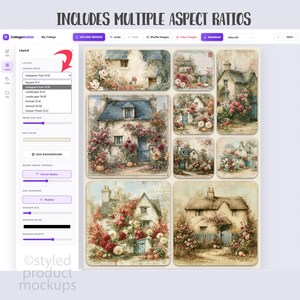 May include: A digital interface for CollageBuilder showing a layout tool with a dropdown menu for canvas ratios. The main area displays a grid of six distinct cottage illustrations, each featuring stone houses, blue roofs, and abundant floral gardens.