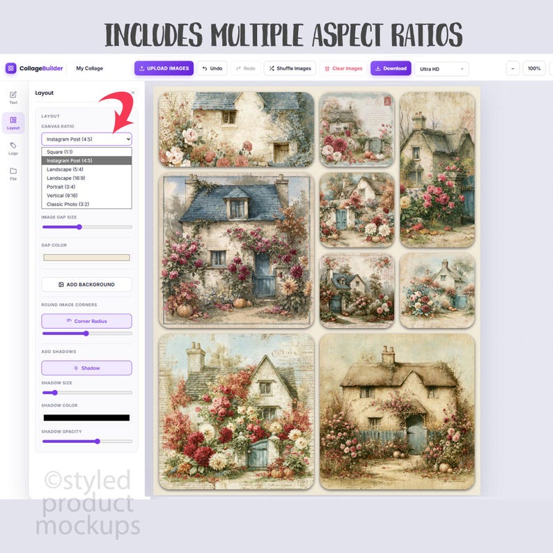 May include: A digital interface for CollageBuilder showing a layout tool with a dropdown menu for canvas ratios. The main area displays a grid of six distinct cottage illustrations, each featuring stone houses, blue roofs, and abundant floral gardens.