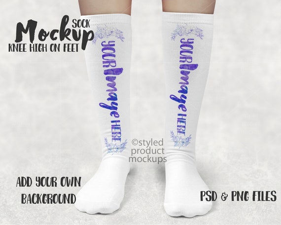 Dye sublimation knee high sock on foot mockup | Add your own image and background