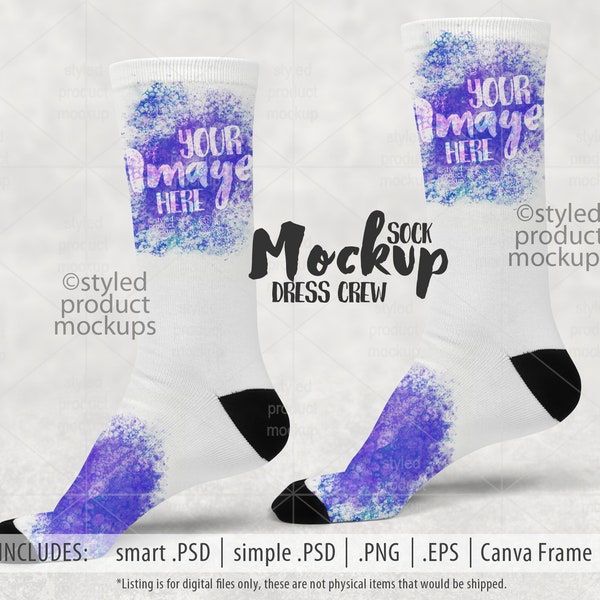 Dye sublimation dress socks with black toe and heel Mockup | Add your own image and background