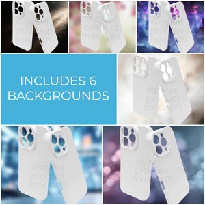 Puede incluir: Fundas blancas para tel&eacute;fonos que se muestran sobre varios fondos borrosos. La imagen incluye el texto "INCLUDES 6 BACKGROUNDS" en un cuadro azul. Las fundas tienen recortes para la c&aacute;mara y los botones, con la marca "Ostwed product mockups".