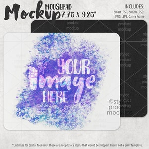 Op de afbeelding: Een mockup van een witte muismat met een aquarelontwerp in tinten paars, blauw en roze. De tekst "YOUR Image HERE" is geschreven in een gestileerd lettertype op de muismat. De muismat is 7,75 inch bij 9,25 inch.