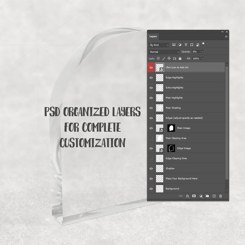 Op de afbeelding: Een digitale design mockup met een gedeeltelijk zichtbaar wit object en een Photoshop lagenpaneel. De tekst "PSD ORGANIZED LAYERS FOR COMPLETE CUSTOMIZATION" is zichtbaar, wat duidt op een aanpasbare ontwerpsjabloon.