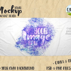 Mockup de toalha de praia de 30 x 60 polegadas com sublimação de tinta | Adicione sua própria imagem e plano de fundo | Mockup de moldura Canva