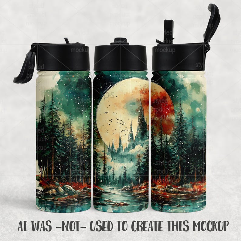 May include: Three stainless steel water bottles with black lids. Each bottle features a watercolor design of a forest, a large moon, and a castle. The bottles have a black lid and a flip-top opening. The text at the bottom reads "AI WAS -NOT- USED TO CREATE THIS MOCKUP."