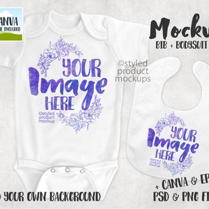 Mockup di body e bavaglino per neonati a sublimazione della tintura / Aggiungi la tua immagine e il tuo sfondo / Mockup di cornice Canva