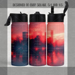 May include: Three water bottles with black lids and a cityscape design in shades of red, pink, and blue. The bottles are cylindrical and have a flip-top lid. The text "DESIGNED TO CROP SQUARE. 5:4 AND 4:5" is at the top.