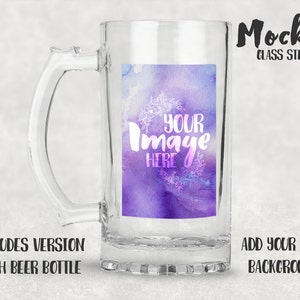 May include: Clear glass beer stein with a purple and pink watercolor design. The design features a wreath with the text "Your Image Here".