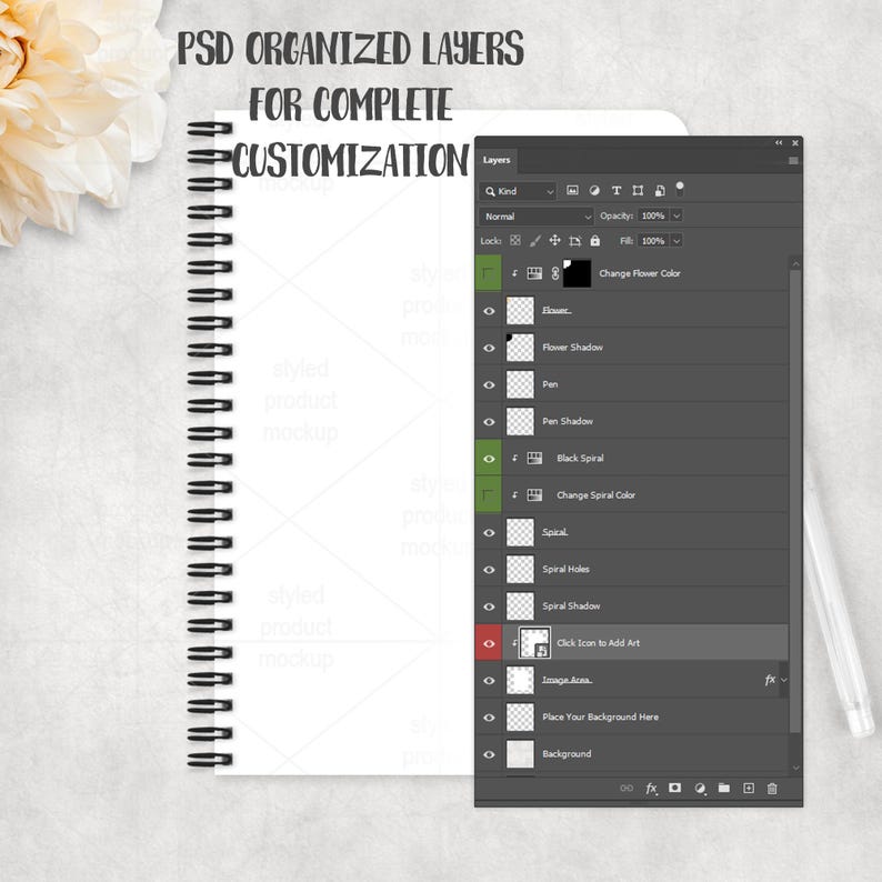 May include: A white spiral-bound notebook with a digital interface overlay. The interface displays layer options for customization, with the text "PSD ORGANIZED LAYERS FOR COMPLETE CUSTOMIZATION". A pen rests on the right.