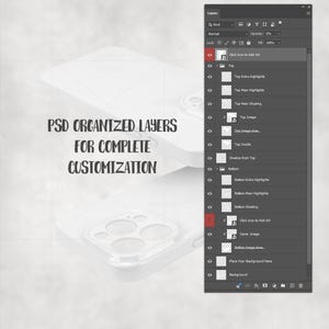 Pode incluir: Maquete de uma capa de telefone branca com um design em camadas, mostrando os recursos personaliz&aacute;veis do produto. O texto "PSD ORGANIZED LAYERS FOR COMPLETE CUSTOMIZATION" &eacute; exibido. Um painel de camadas &eacute; vis&iacute;vel.