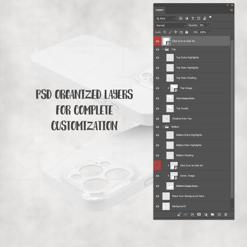 Pode incluir: Maquete de uma capa de telefone branca com um design em camadas, mostrando os recursos personaliz&aacute;veis do produto. O texto "PSD ORGANIZED LAYERS FOR COMPLETE CUSTOMIZATION" &eacute; exibido. Um painel de camadas &eacute; vis&iacute;vel.