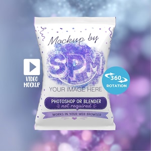May include: A white product bag mockup with a purple and blue design. The bag features the text "Mockup by SPM" and "Your Image Here". Additional text includes "Video Mockup", "Photoshop or Blender not required", and "Works in your web browser". A 360 rotation icon is also present.