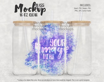 Dye sublimation 16oz clear glass can shaped tumbler Mockup | Add your own image and background | Canva frame mockup