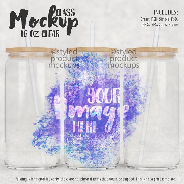Dye sublimation 16oz clear glass can shaped tumbler Mockup | Add your own image and background | Canva frame mockup