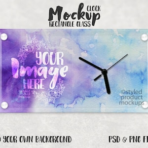 May include: A rectangle glass clock mockup with a watercolor background in shades of purple and blue. The clock hands are black and the text "YOUR Image HERE" is written in white on the clock face.