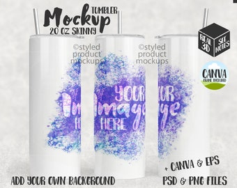 Dye sublimation 20oz skinny tumbler full wrap view Mockup | Add your own image and background | Canva Frame Mockup