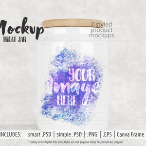 May include: A white glass treat jar with a wooden lid. The jar has a watercolor design with purple, blue, and pink colors. The text "YOUR IMAGE HERE" is written on the jar.
