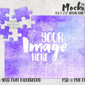 May include: A purple and blue watercolor-style puzzle mockup with the text "YOUR IMAGE HERE". The puzzle is 9.5 x 7.5 inches with round edges. The image also includes the text "Mockup" and "Add your own background".