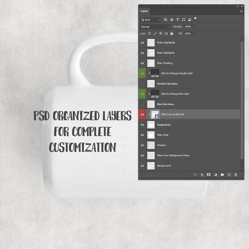 May include: A white coffee mug with a curved handle, featuring the text "PSD ORGANIZED LAYERS FOR COMPLETE CUSTOMIZATION." A digital interface with layer options is visible on the right side of the image.