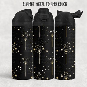 May include: Black water bottle with a gold dandelion pattern and the text "CHANGE METAL TO ANY COLOR". The bottle has a black lid and a sleek design. The bottle is approximately 23 cm tall.
