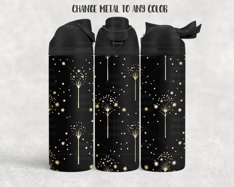 May include: Black water bottle with a gold dandelion pattern and the text "CHANGE METAL TO ANY COLOR". The bottle has a black lid and a sleek design. The bottle is approximately 23 cm tall.