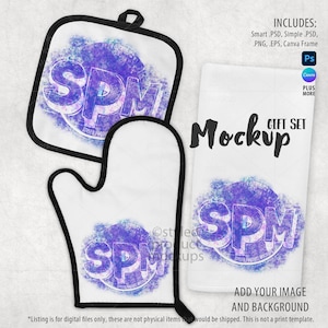 May include: A white kitchen gift set mockup with an oven mitt, pot holder, and tea towel. Each item has a purple and blue design with the letters "SPM". The tea towel has the words "Mockup" and "Gift Set" printed on it.