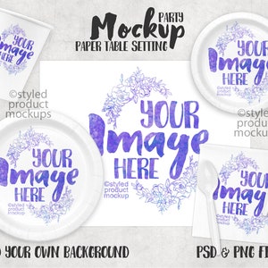 May include: A party mockup featuring a paper cup, plates, napkin, and plastic cutlery. The items are white with a purple watercolor design that says "YOUR IMAGE HERE". The text "Mockup Party Paper Table Setting" is at the top.