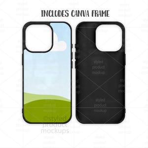 Peut inclure: Deux coques de t&eacute;l&eacute;phone, l'une avec un paysage de ciel bleu, nuage blanc et collines vertes, l'autre noire. Le texte "INCLUDES CANVA FRAME" est en haut. Les coques sont con&ccedil;ues pour un t&eacute;l&eacute;phone.