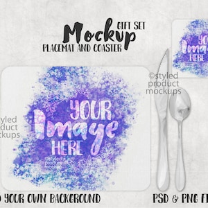 May include: A mockup of a placemat and coaster set with a watercolour design. The placemat and coaster feature a purple and blue watercolour background with white floral accents. The text "Your Image Here" is written in white on the placemat and coaster. The image includes a fork, knife, and spoon.