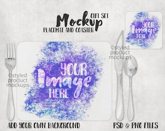 Dye sublimation placemat and coaster set Mockup | Add your own image and background