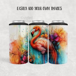 May include: Three slim can coolers with a flamingo design. The flamingo is depicted with vibrant orange and pink feathers, set against a backdrop of turquoise and floral accents. The text "EASILY ADD YOUR OWN IMAGES" is at the top.