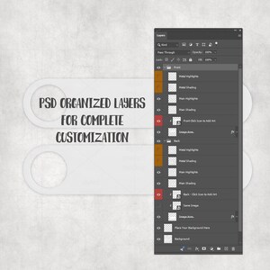 May include: A digital design interface with a layers panel and a white banner with the text "PSD ORGANIZED LAYERS FOR COMPLETE CUSTOMIZATION". The interface is on a textured, light gray background.