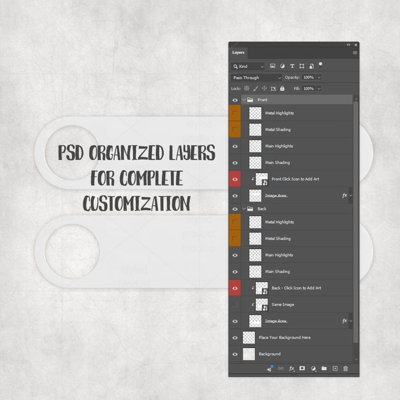 May include: A digital design interface with a layers panel and a white banner with the text "PSD ORGANIZED LAYERS FOR COMPLETE CUSTOMIZATION". The interface is on a textured, light gray background.