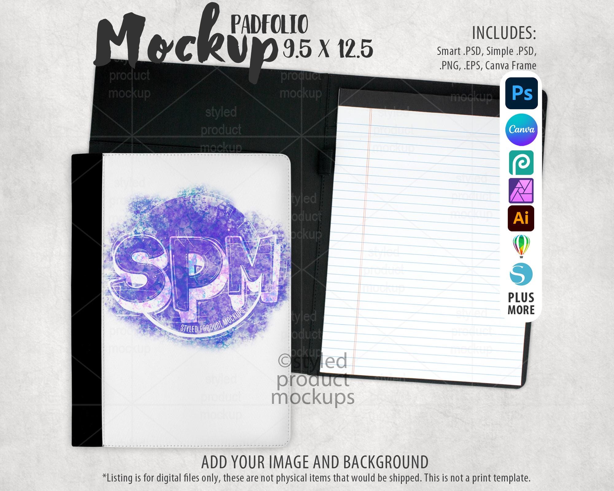 Dye sublimation paper padfolio portfolio Mockup | Add your own image and background