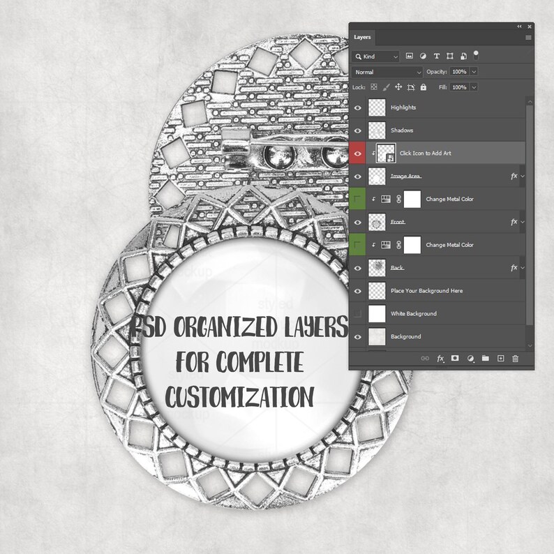May include: A silver-colored, decorative design element with a circular frame and geometric patterns. The design features the text "PSD ORGANIZED LAYERS FOR COMPLETE CUSTOMIZATION" in a white font. A digital interface with layers is visible.